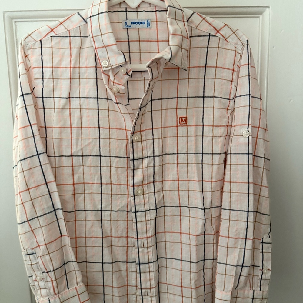 Mayoral Men's Plaid Shirt - White, Orange, and Blue